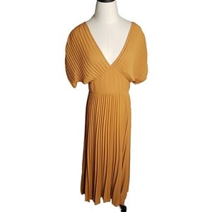 Altered State Micro Pleat Babydoll Cap Sleeve Tie Back Boho Earthy Festival Midi